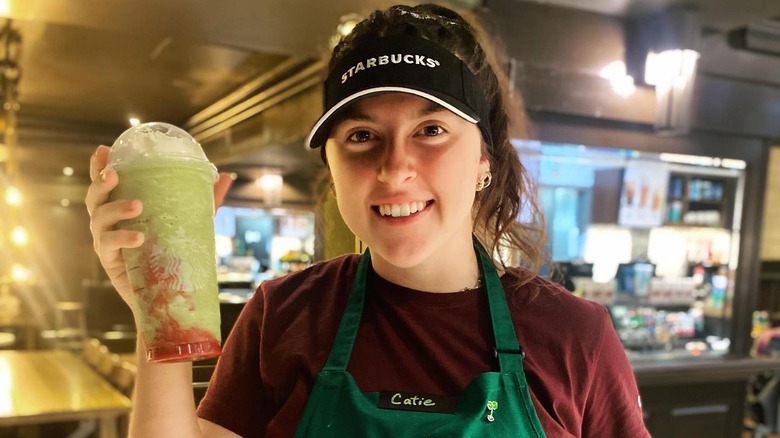 Zombie brains drink with green tea frappuccino base, strawberry puree, and whipped cream