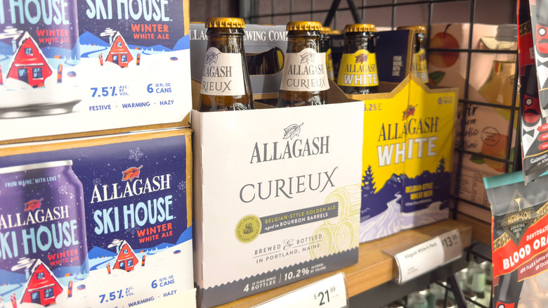 Four pack of Allagash Curieux on a store shelf