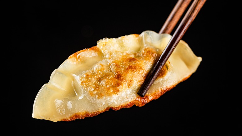 Chopsticks holding a dumpling