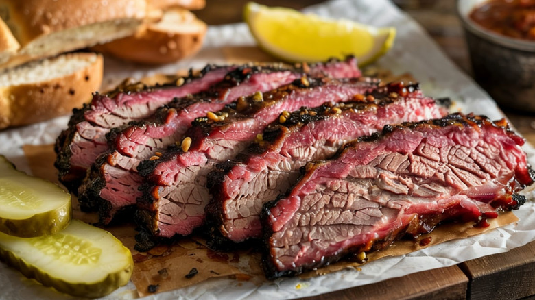 Sliced brisket with pickles, bread, and sauce