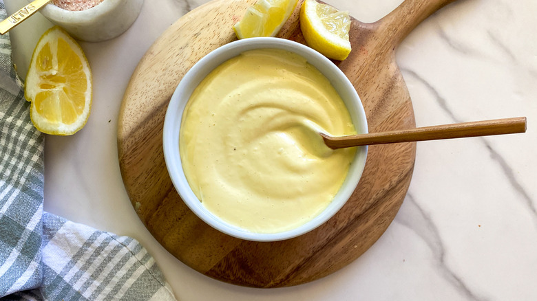 Bowl of aioli with spoon
