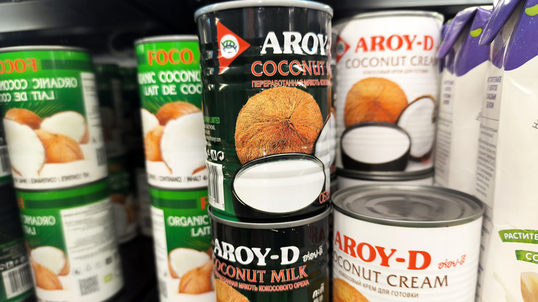 Cans of different coconut milk brands sit on a shelf