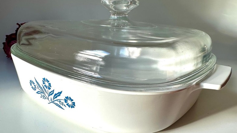 a white corningware casserole dish