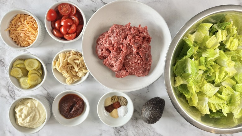 ground beef, cheese, seasonings, and vegetables