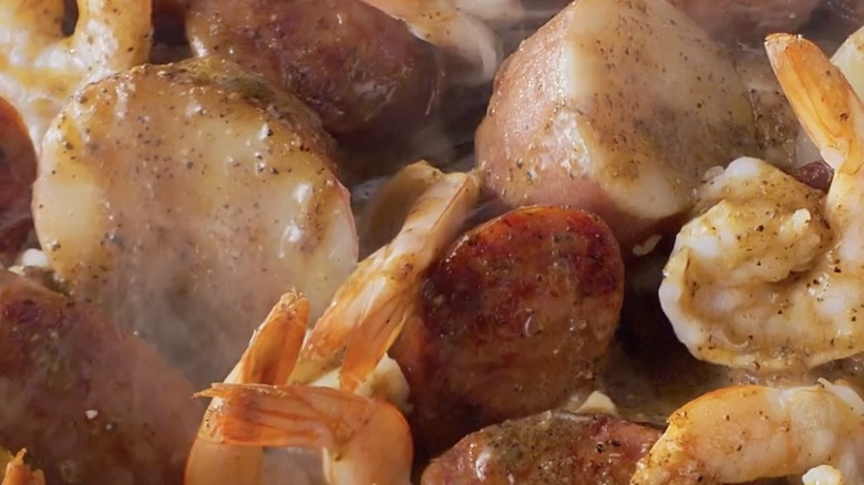 Potatoes, sausage, and shrimp in Red Lobster Seafood Boil