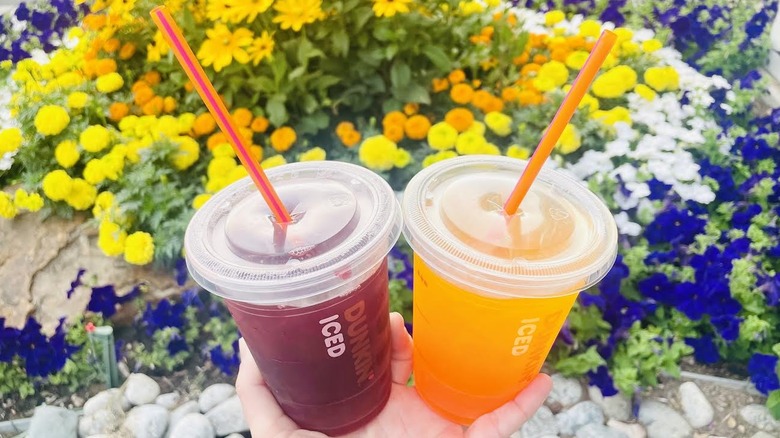 Hand holding new Dunkin' Refreshers in front of flower bed