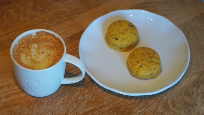 Overhead view of Pecan Oatmilk Cortado and Italian Sausage Egg Bites