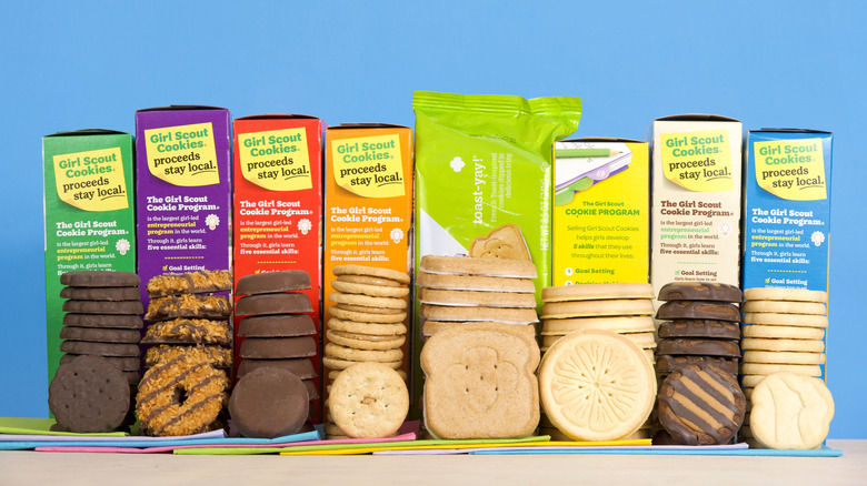 Variety of Girl Scout cookies and packaging