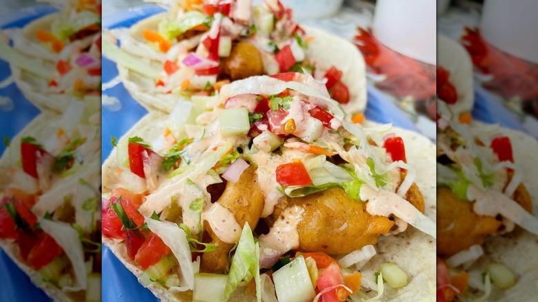 Close-up view of street tacos from Gaby's Tacos