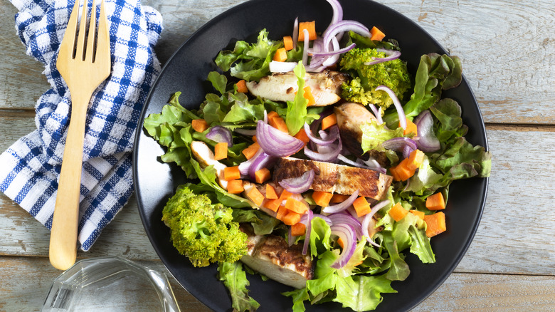 Chicken salad with onions in a bowl