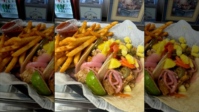 Open sweet and sour pork taco with fries