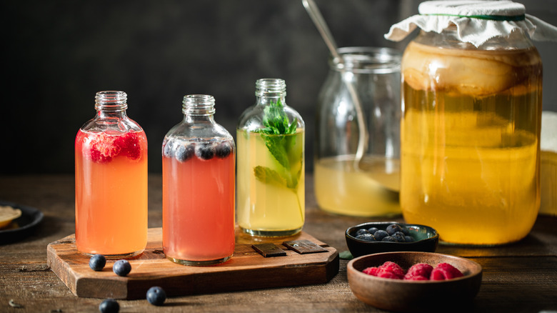 A variety of flavored kombucha teas.