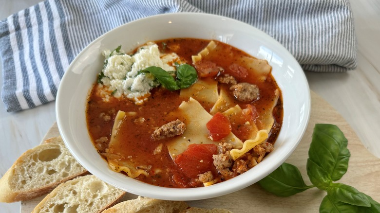 tomato soup with striped towel