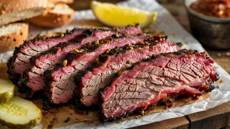 Slices of brisket on a plate next to a lemon wedge and pickles