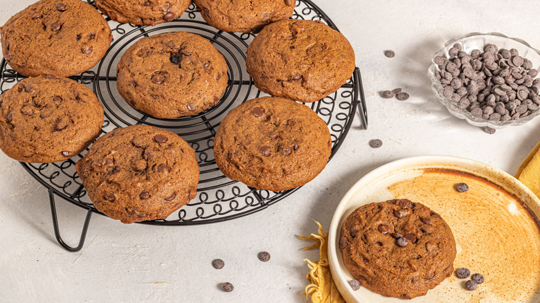Pumpkin chocolate chip cookies on a black cooling rack