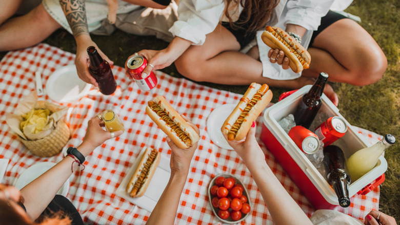 Group of people having a picnic with hot dogs