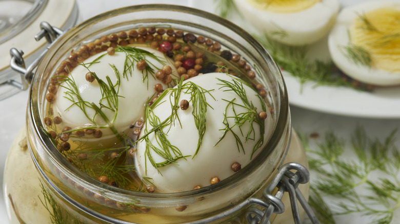 Pickling eggs in a jar with peppercorns and dill