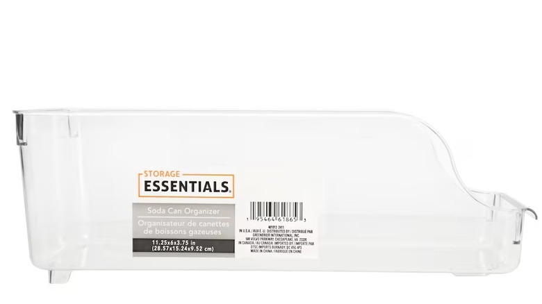 A Dollar Tree fridge soda can storage bin sits on a surface