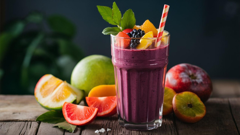 Fruit smoothie in a tall glass on a wooden table. Fruits are surrounding the glass and on top of the smoothie, with a striped straw coming out. Blurred dark background with a green plant to the left.