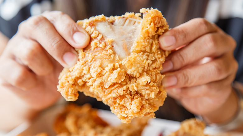 Hand holding piece of fried chicken