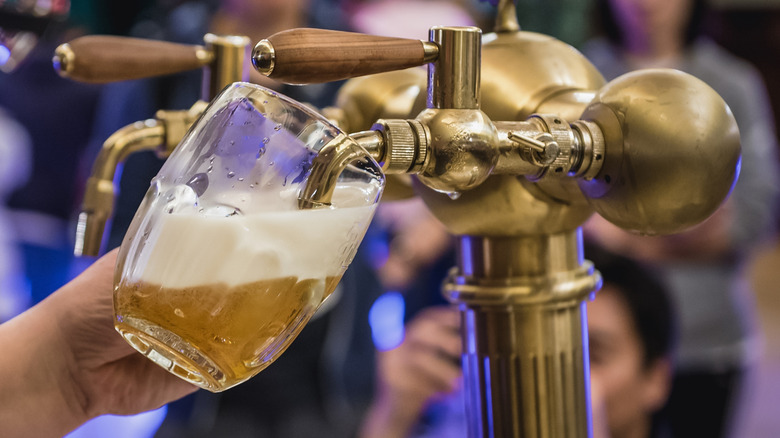 Czech beer being poured into glass mug from a golden tap.