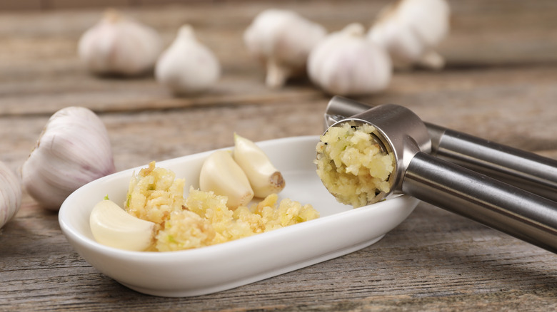 A garlic press rests in a bowl with garlic mince and cloves