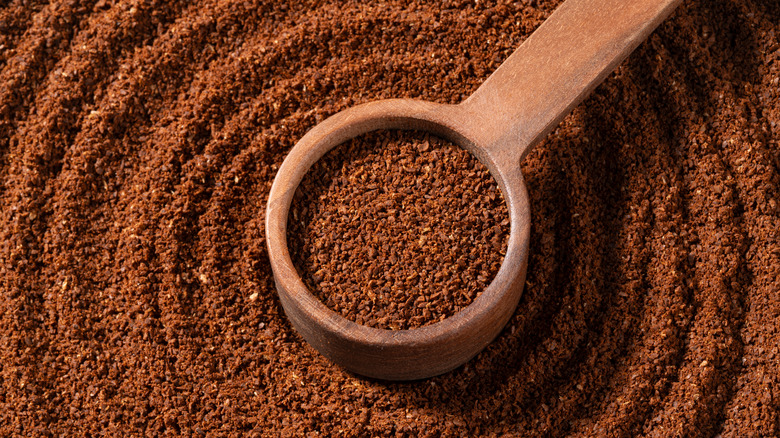 A pool of ground coffee with concentric rings has a small coffee spoon resting in the middle