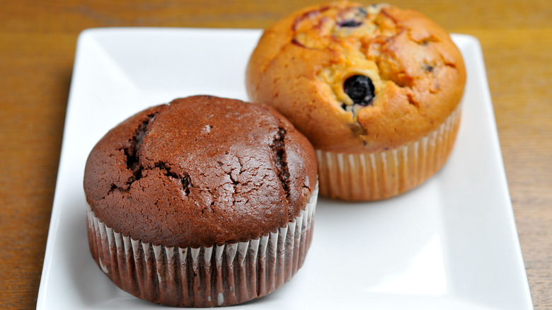 Two Costco muffins sit on a plate, one chocolate and one blueberry