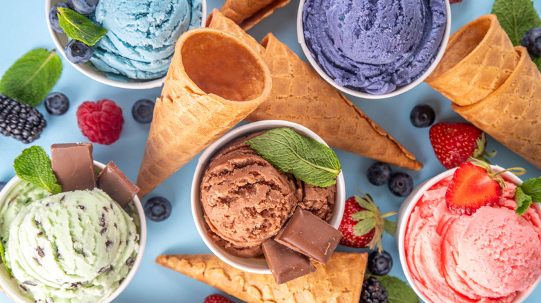 Various ice creams in bowls surrounded by cones