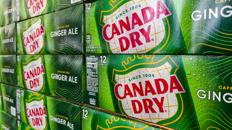 Stacks of Canada Dry 12 pack soda boxes