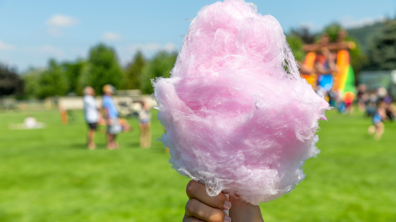 A hand holding fluffy pink cotton candy against a blurred backdrop of people in the park