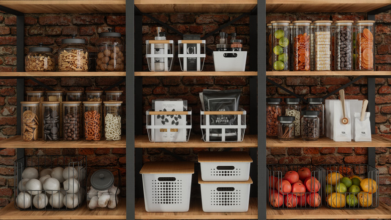 Organized pantry items in deep shelving unit