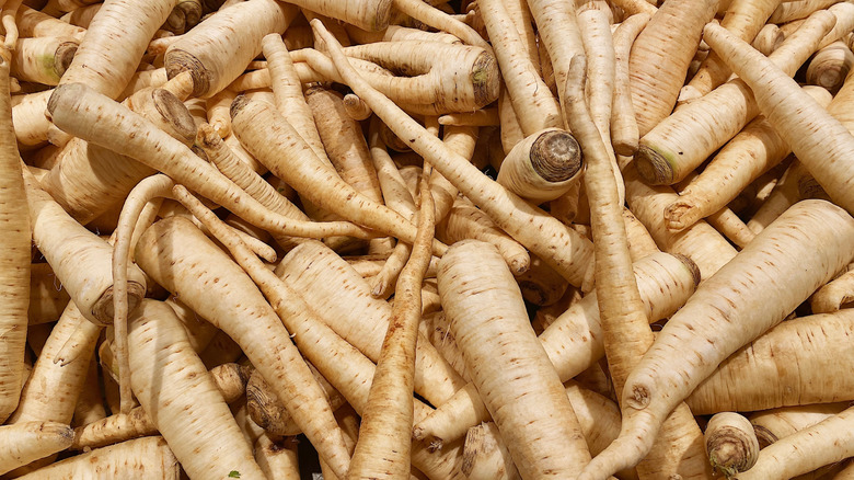 Parsnips rest in a pile
