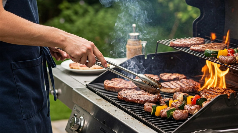 A person grilling various meats.