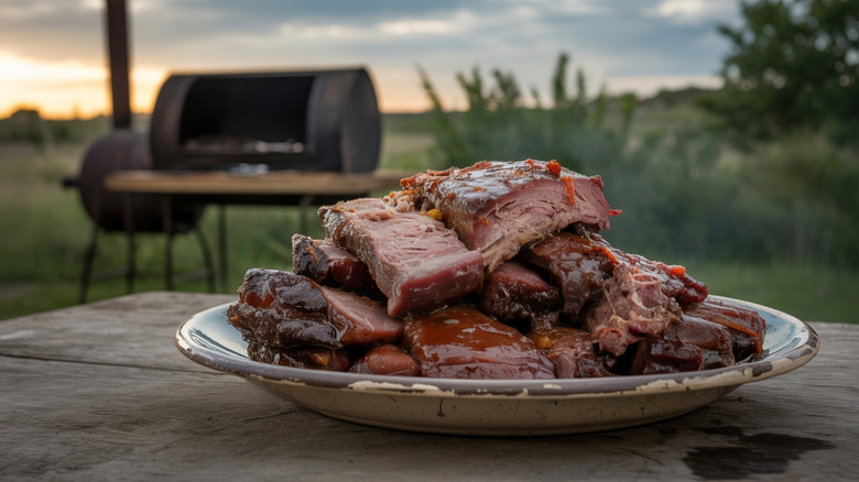 Sliced brisket and sauce outside next to a smoker