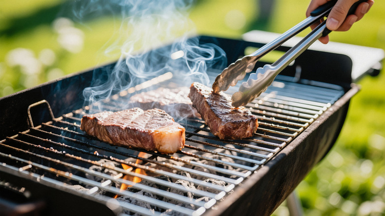 A man uses tongs to move steaks cooking on a grill