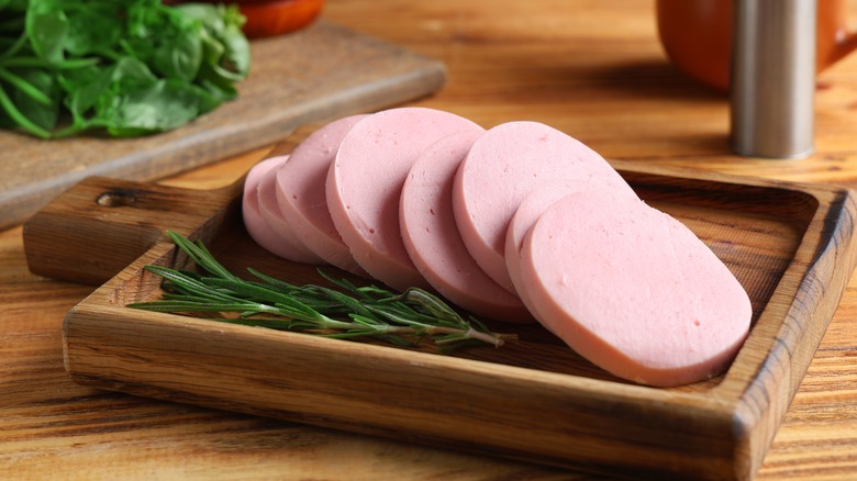 Sliced and plated bologna sausage