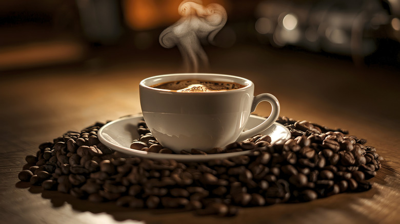 A cup of steaming coffee sits surrounded by coffee beans