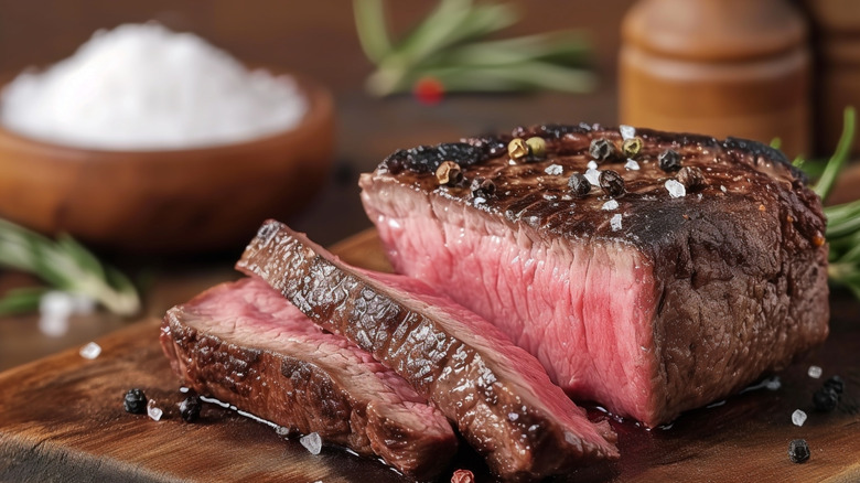 A perfectly-crusted steak with peppercorns and salt