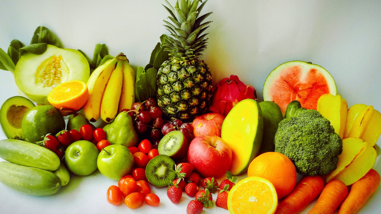 An assortment of tropical fruits and vegetables
