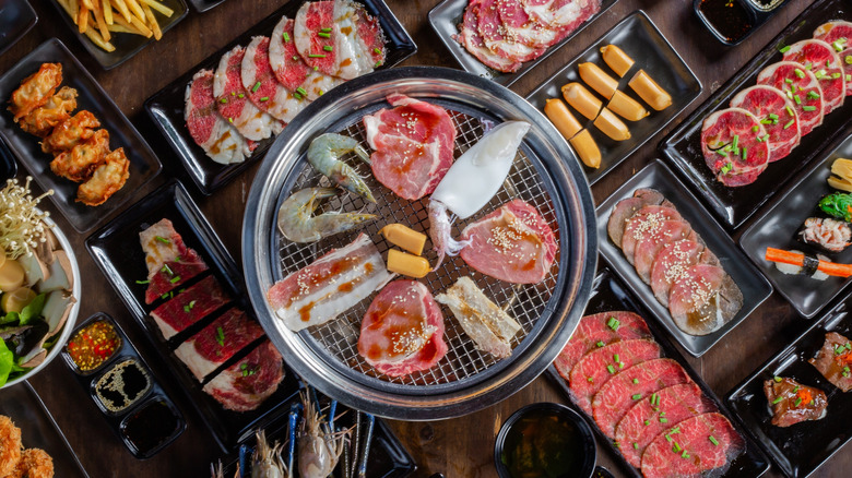 Japanese barbecue spread with sauces
