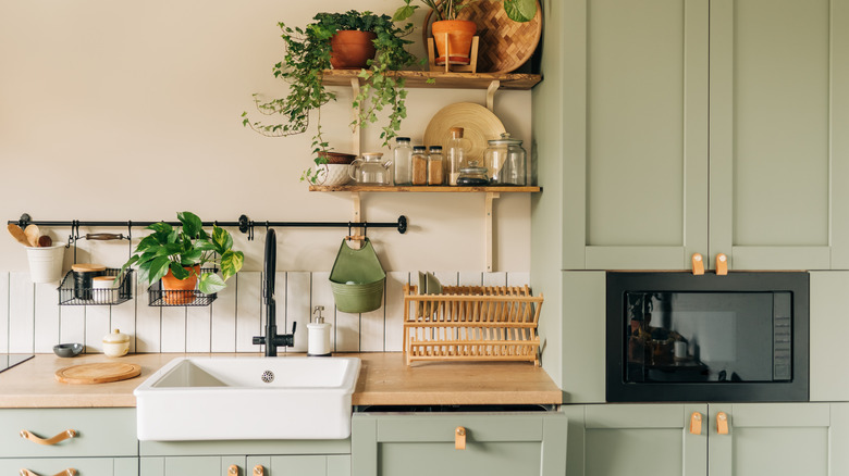A cosy looking kitchen with soft green cupboards and plants throughout