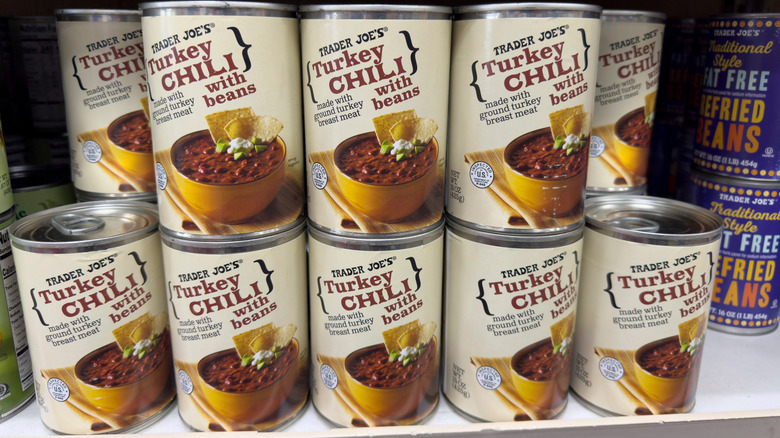 row of trader joe's chili on shelf