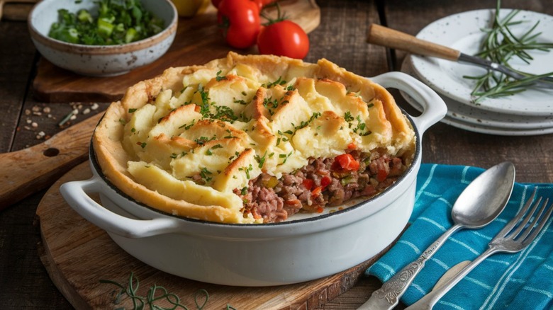 A hearty Shepard's Pie in a casserole dish.