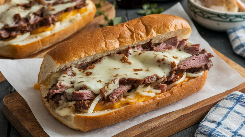 Philly Cheesesteak on wood board