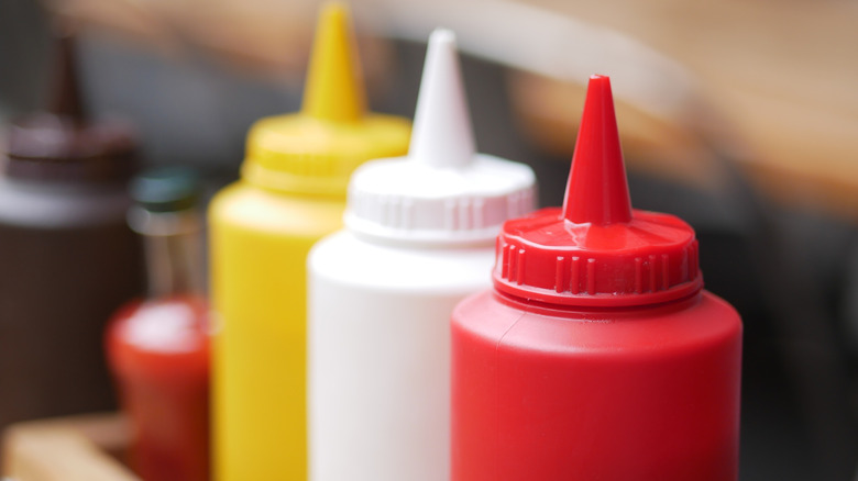 Colorful condiment bottles