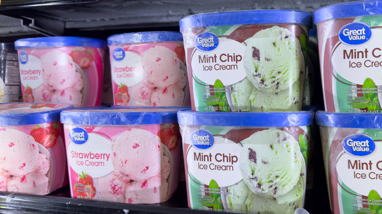 Great Value Mint Chip and Strawberry ice cream on a store shelf