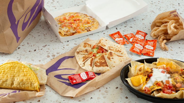 Several Taco Bell menu items on a counter.