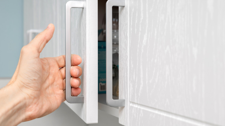 Hand opening a kitchen cabinet