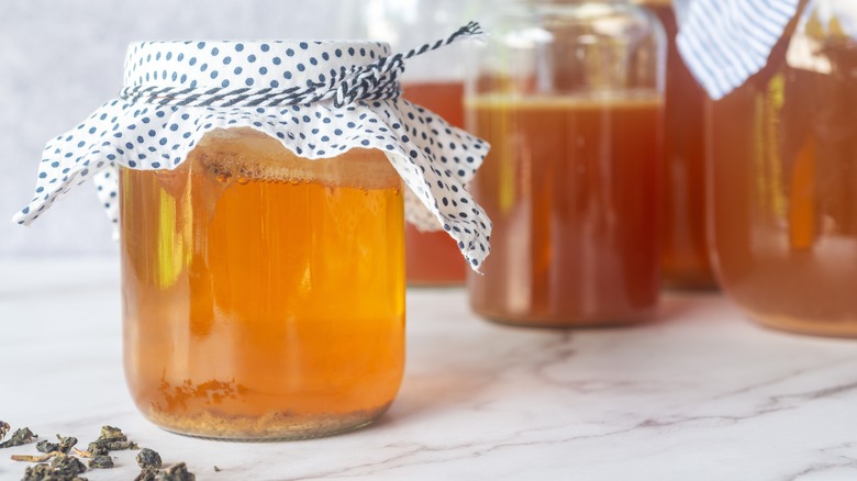 Homemade kombucha with sediment.